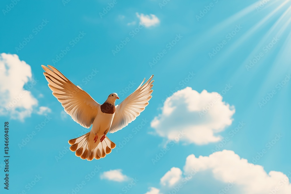 Obraz premium A graceful dove gracefully soars joyfully through the bright blue sky, beautifully symbolizing peace and renewal, embodying the true essence of Easter celebrations and the joyous spirit of springtime