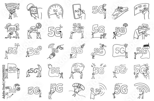 Various 5G network concepts illustrated with people and technology symbols