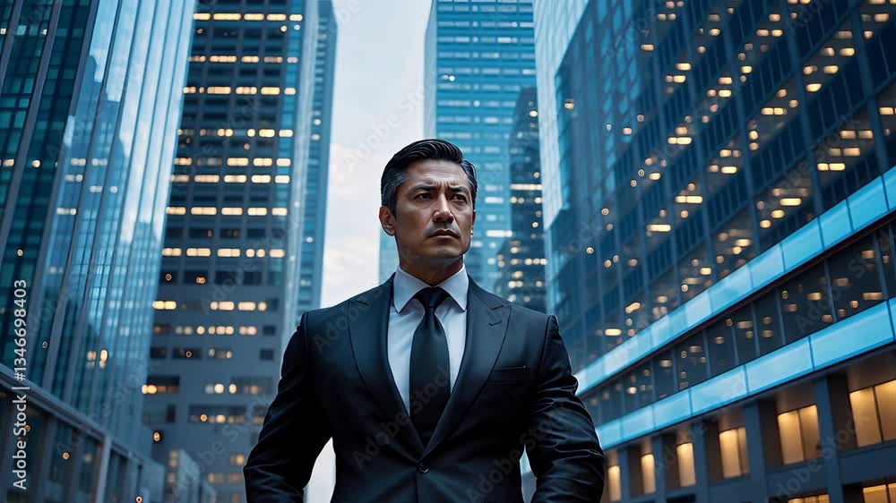 Confident Businessman In Formal Suit Standing In Modern Financial District With Tall Skyscrapers And City Lights
Confident Businessman In Formal Suit Standing In Modern Financial District With Tall Skyscrapers And City Lights