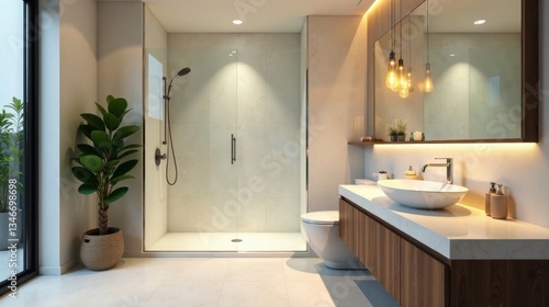Modern minimalist bathroom design with walk-in shower and wooden vanity