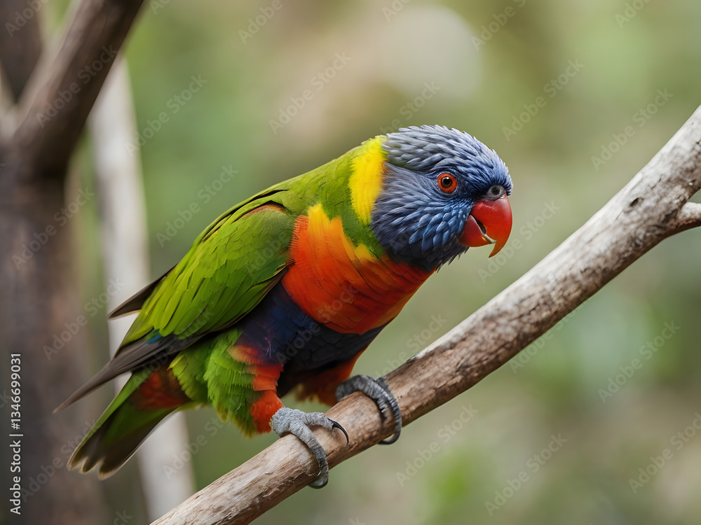 Rainbow Lorikeet Perched: A vibrant Rainbow Lorikeet, a kaleidoscope of colors, perches gracefully on a branch, its vivid plumage contrasting against the soft bokeh background. Rainbow Lorikeet Perched: A vibrant Rainbow Lorikeet, a kaleidoscope of colors, perches gracefully on a branch, its vivid plumage contrasting against the soft bokeh background.