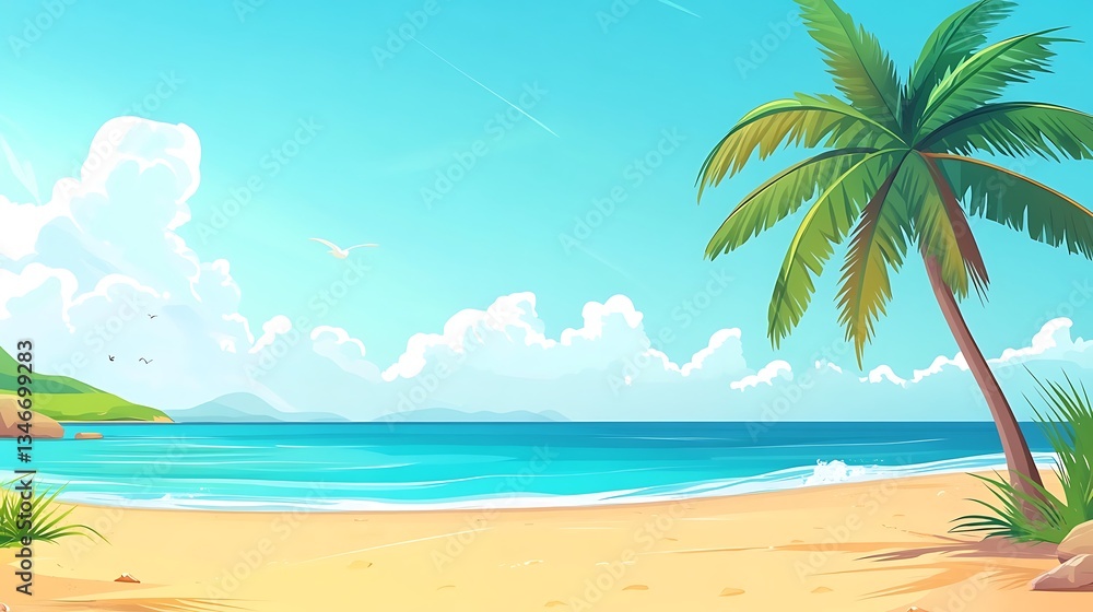 Obraz premium Cartoon tropical beach background with vibrant sunset and palms