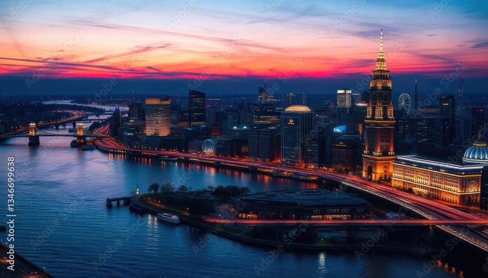 Fototapeta premium Nightfall over Hamburg: A Panoramic Cityscape