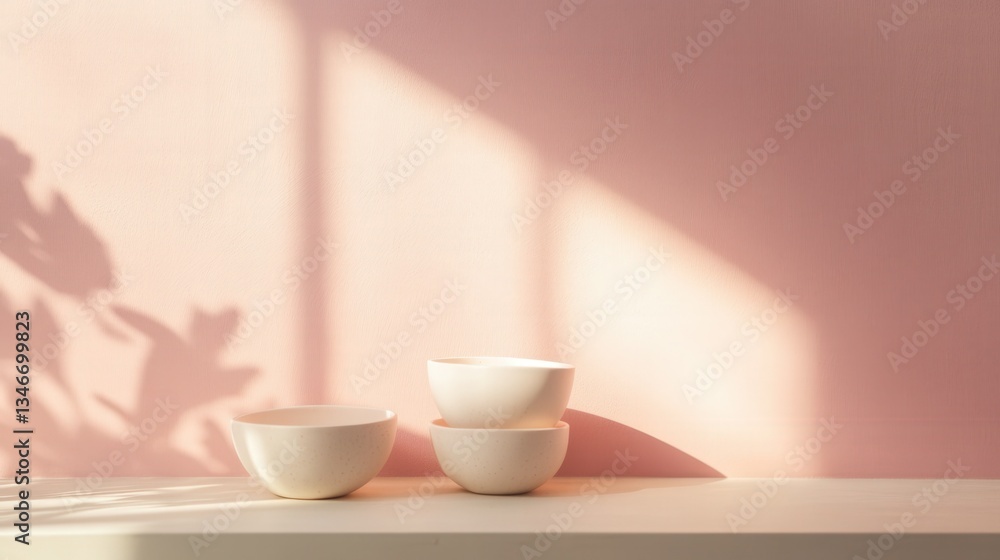 Minimalist still life with ceramic bowls against a blush pink wall illuminated by sunlight and leaf shadows Minimalist still life with ceramic bowls against a blush pink wall illuminated by sunlight and leaf shadows