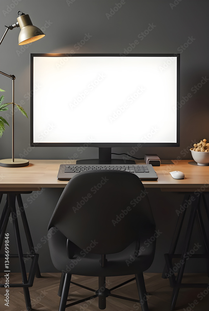 Modern workspace mockup with empty screen computer. Modern workspace mockup with empty screen computer.
