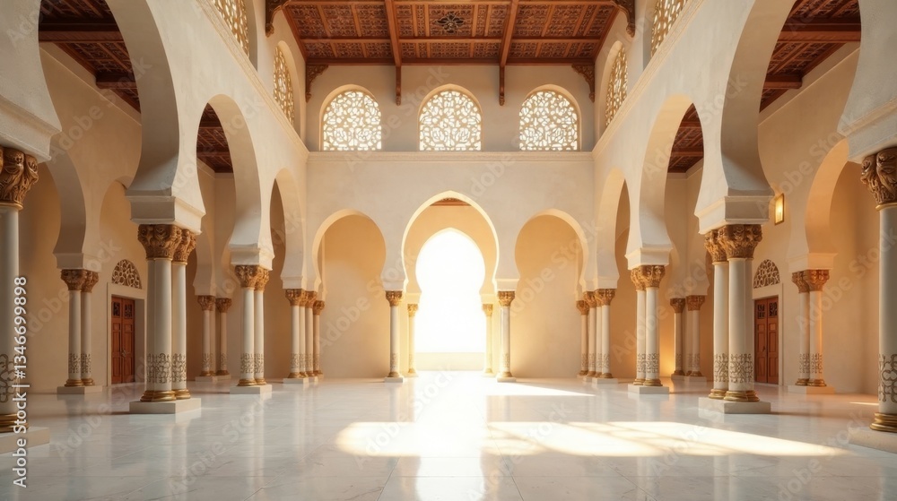 Fototapeta premium Serene interior of a grand hall featuring elegant arches, ornate columns, and a sunlit opening.