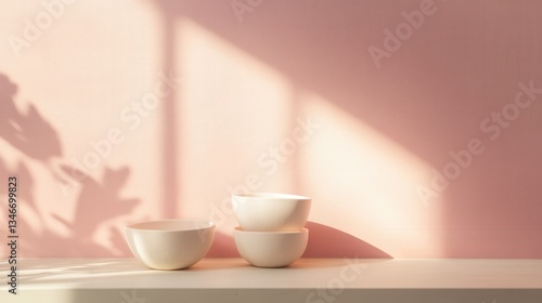 Wallpaper Mural Minimalist still life with ceramic bowls against a blush pink wall illuminated by sunlight and leaf shadows Torontodigital.ca