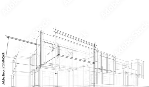 Modern flat roof house or commercial building in  drawing style. Minimalist linear sketch 3d rendering