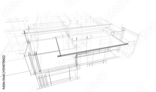 Modern flat roof house or commercial building in  drawing style. Minimalist linear sketch 3d rendering