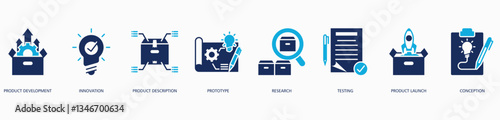 Product Development web icon vector illustration concept with icon of product development, innovation, product description, prototype, research, testing, product launch and conception