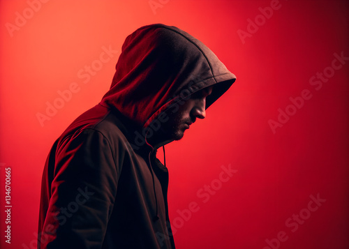 A man in a hooded jacket stands in profile against a red background