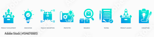 Product Development web icon vector illustration concept with icon of product development, innovation, product description, prototype, research, testing, product launch and conception