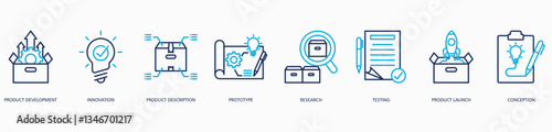 Product Development web icon vector illustration concept with icon of product development, innovation, product description, prototype, research, testing, product launch and conception