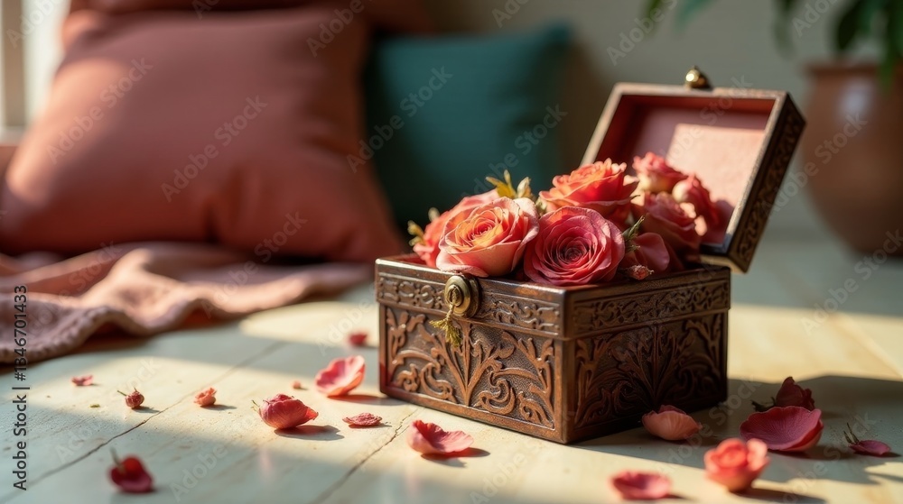 A delicately carved wooden chest overflows with a vibrant bouquet of freshly picked roses, bathed in the soft glow of sunlight, scattered petals on a pale wooden surface. A delicately carved wooden chest overflows with a vibrant bouquet of freshly picked roses, bathed in the soft glow of sunlight, scattered petals on a pale wooden surface.