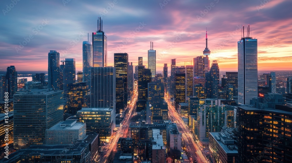 Obraz premium Cityscape sunset aerial view, downtown traffic, vibrant sky