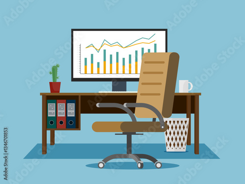 Workplace in office with computer and chair. Vector illustration