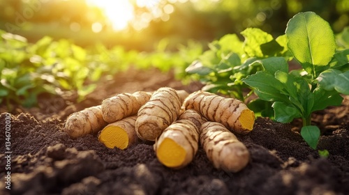 Turmeric roots harvested in a garden bed at sunset