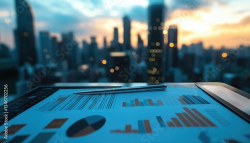 Martech Data Analysis on Tablet with Cityscape at Dusk - Business Technology