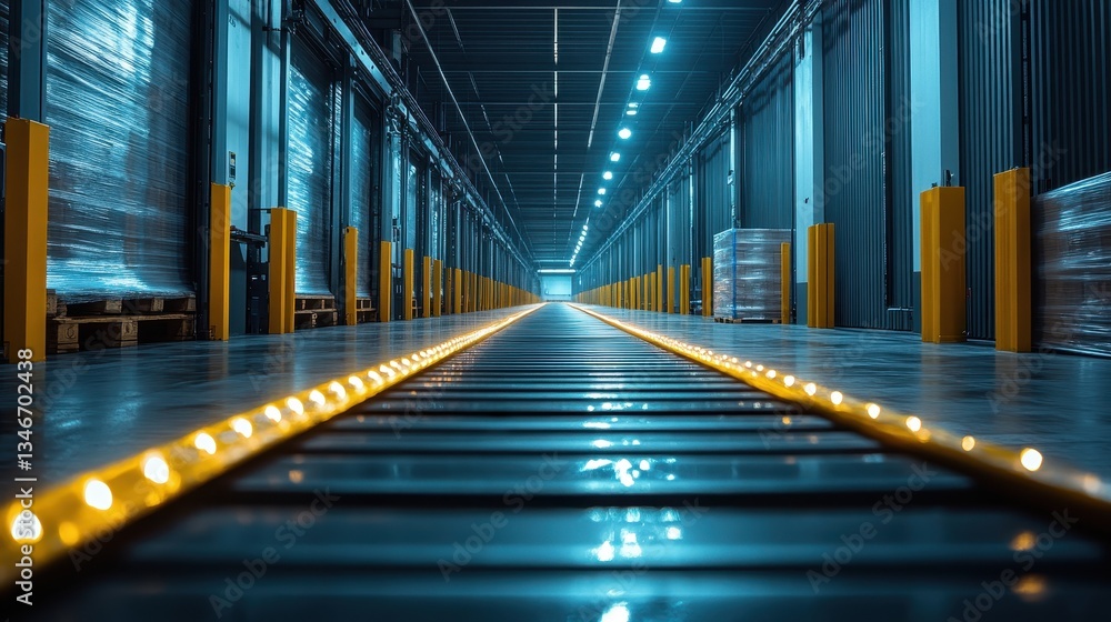 Fototapeta premium Illuminated Conveyor Belt in Modern Warehouse Facility