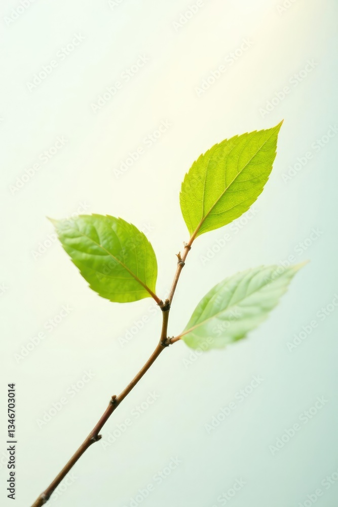 Delicate branch stretching towards a faint sunbeam on white background, light, leaf, texture Delicate branch stretching towards a faint sunbeam on white background, light, leaf, texture
