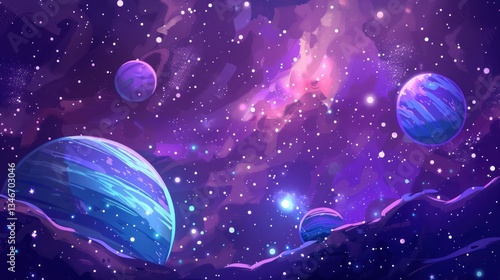 Fototapeta Naklejka Na Ścianę i Meble -  Illustration space planet fiction game on cartoon purple cosmic background. AI generated image 