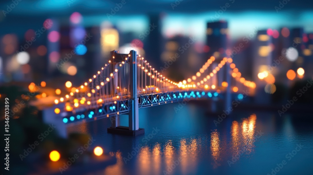 Fototapeta premium Illuminated model bridge, city skyline backdrop, night, miniature