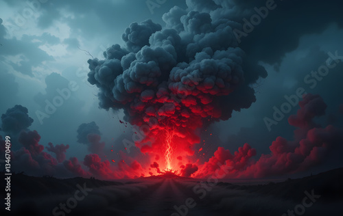 Dark dramatic scene large cloud red smoke rising Explosive, crackling