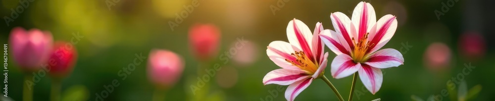 Double flower bloom with white petals and red stripes in garden, spring, colors, garden Double flower bloom with white petals and red stripes in garden, spring, colors, garden