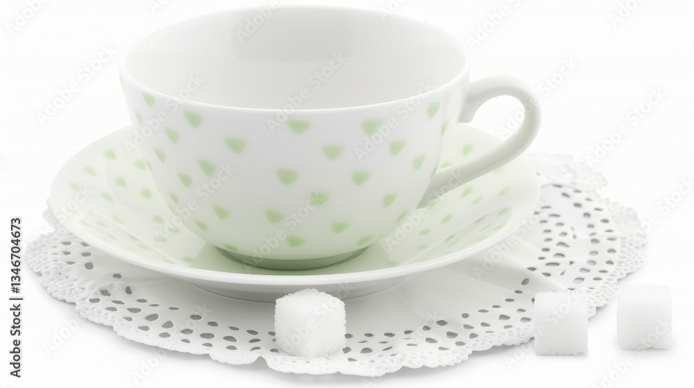 Empty teacup and saucer with delicate floral pattern and sugar cubes Empty teacup and saucer with delicate floral pattern and sugar cubes