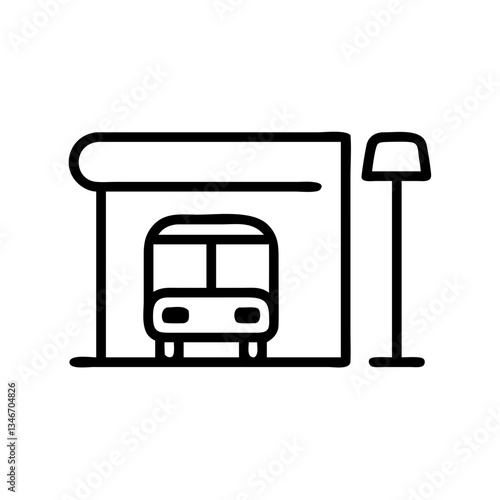 Minimalistic bus station building icon with a bus and street lamp on a transparent background