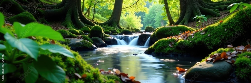 Forest floor awash in waterfall's gentle flow, hues, gentle, stillness Forest floor awash in waterfall's gentle flow, hues, gentle, stillness