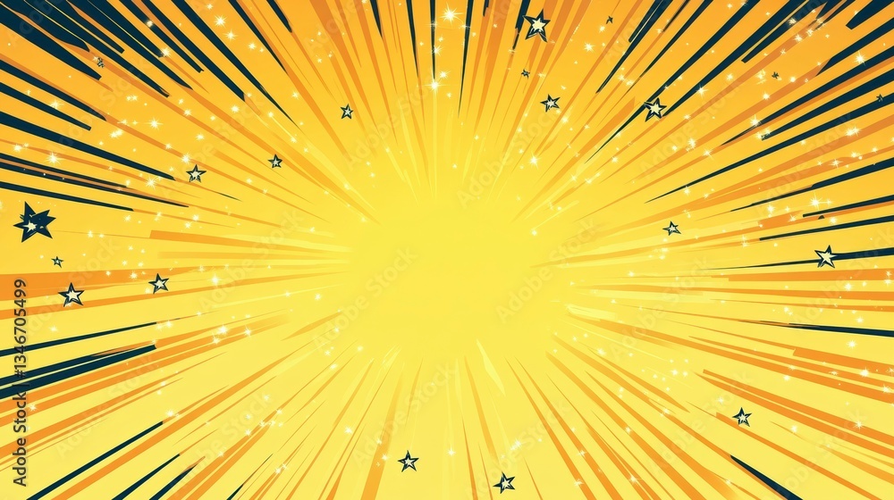 Obraz premium Abstract yellow sunburst background with stars and lines.