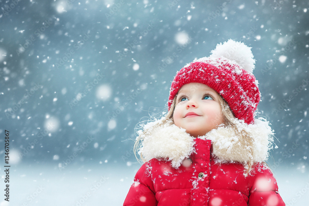 Child enjoys snowflakes while wearing a red coat and hat in a winter landscape Child enjoys snowflakes while wearing a red coat and hat in a winter landscape