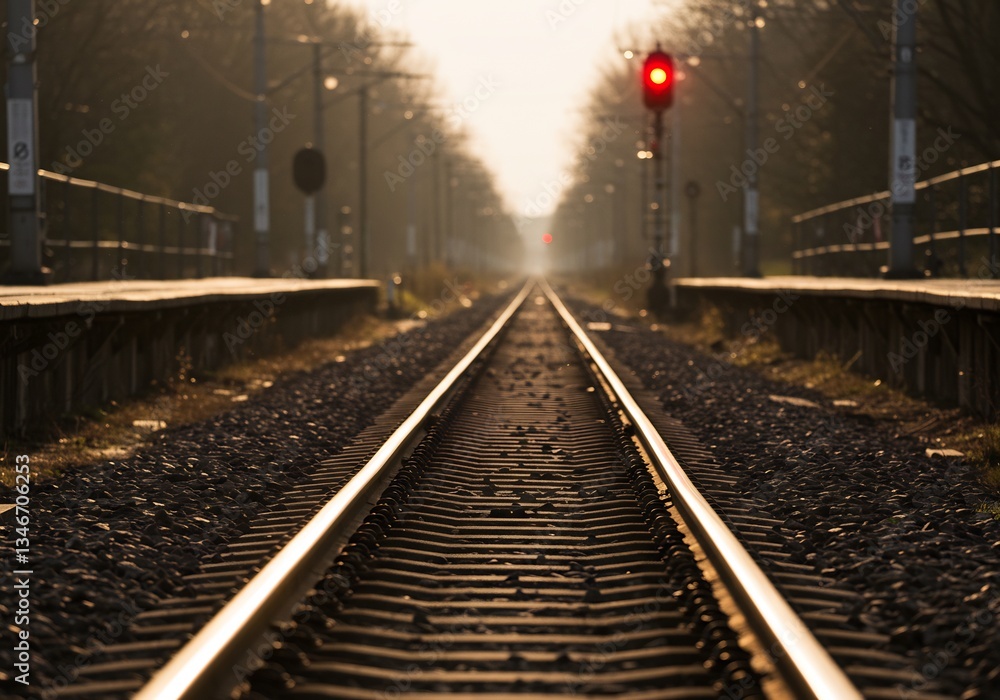 Fototapeta premium Train Tracks Vanishing Point Warm Light. AI Generated