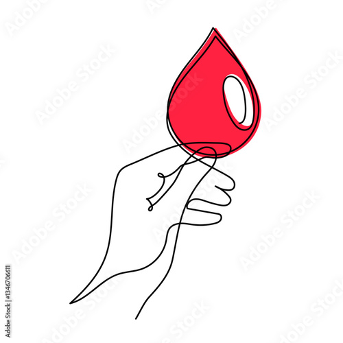 World Blood Donor Day one line art, giant droplet continuous contour drawing safe life, voluntary donation transfusion symbol human kindness, dedicated to medical charity 14 June. Editable stroke