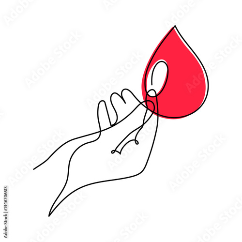 World Blood Donor Day one line art, giant droplet continuous contour drawing safe life, voluntary donation transfusion symbol human kindness, dedicated to medical charity 14 June. Editable stroke