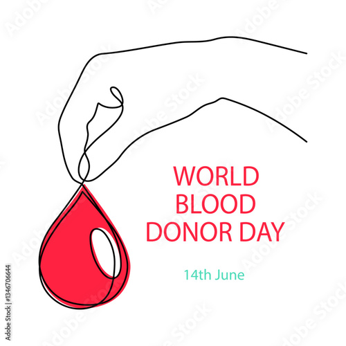 World Blood Donor Day one line art, giant droplet continuous contour drawing safe life, voluntary donation transfusion symbol human kindness, dedicated to medical charity 14 June. Editable stroke