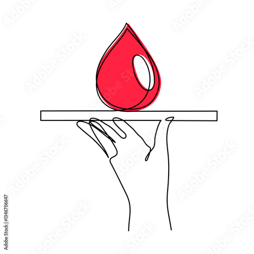 World Blood Donor Day one line art, giant droplet continuous contour drawing safe life, voluntary donation transfusion symbol human kindness, dedicated to medical charity 14 June. Editable stroke