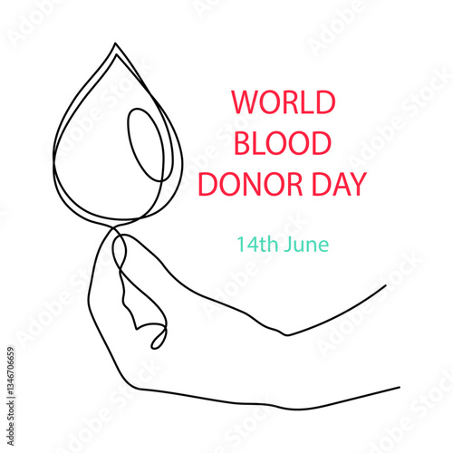 World Blood Donor Day one line art, giant droplet continuous contour drawing safe life, voluntary donation transfusion symbol human kindness, dedicated to medical charity 14 June. Editable stroke