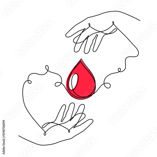 World Blood Donor Day one line art, giant droplet continuous contour drawing safe life, voluntary donation transfusion symbol human kindness, dedicated to medical charity 14 June. Editable stroke