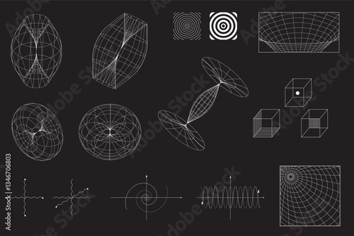 Set of various mathematical and geometric diagrams, wireframe shapes on dark background. Science. Modern aesthetics, minimalist art. Vector design for creative cover, poster and ad.