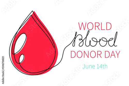 World Blood Donor Day one line art, giant droplet continuous contour drawing safe life, voluntary donation transfusion symbol human kindness, dedicated to medical charity 14 June. Editable stroke