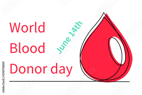 World Blood Donor Day one line art, giant droplet continuous contour drawing safe life, voluntary donation transfusion symbol human kindness, dedicated to medical charity 14 June. Editable stroke