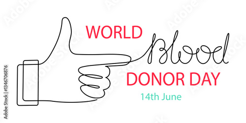 World Blood Donor Day one line art, giant droplet continuous contour drawing safe life, voluntary donation transfusion symbol human kindness, dedicated to medical charity 14 June. Editable stroke