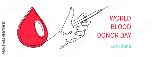 World Blood Donor Day one line art, giant droplet continuous contour drawing safe life, voluntary donation transfusion symbol human kindness, dedicated to medical charity 14 June. Editable stroke