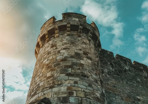 Fototapeta Medieval stone tower against a dramatic sky.