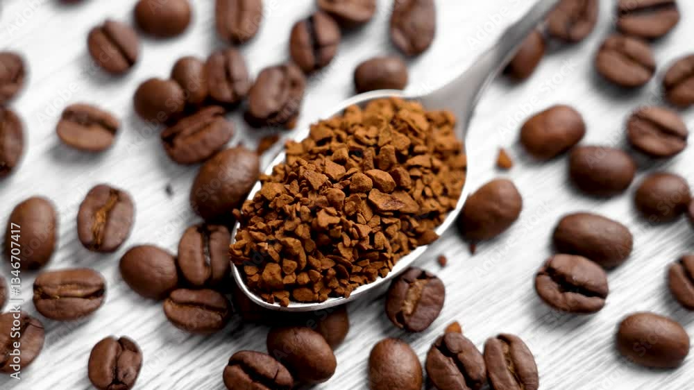 Coffee roasted beans and brown soluble granules in metal teaspoon on white aged board. Rotation Coffee roasted beans and brown soluble granules in metal teaspoon on white aged board. Rotation