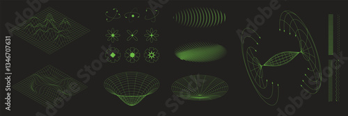 Set of dynamic green geometric wireframe structures, force field diagrams, and orbital representations on dark background. Science. Modern aesthetics, minimalist art. Vector design