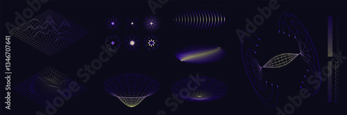Abstract waveforms, geometric patterns, and physics-based wireframe structures glowing in purple and yellow tones. Science. Modern aesthetics, minimalist art. Vector design for futuristic concepts.