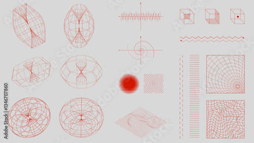 Red mathematical wireframe diagrams, force fields, abstract waveforms, and symmetrical grid structures on light background. Science. Modern aesthetics, minimalist art. Vector design